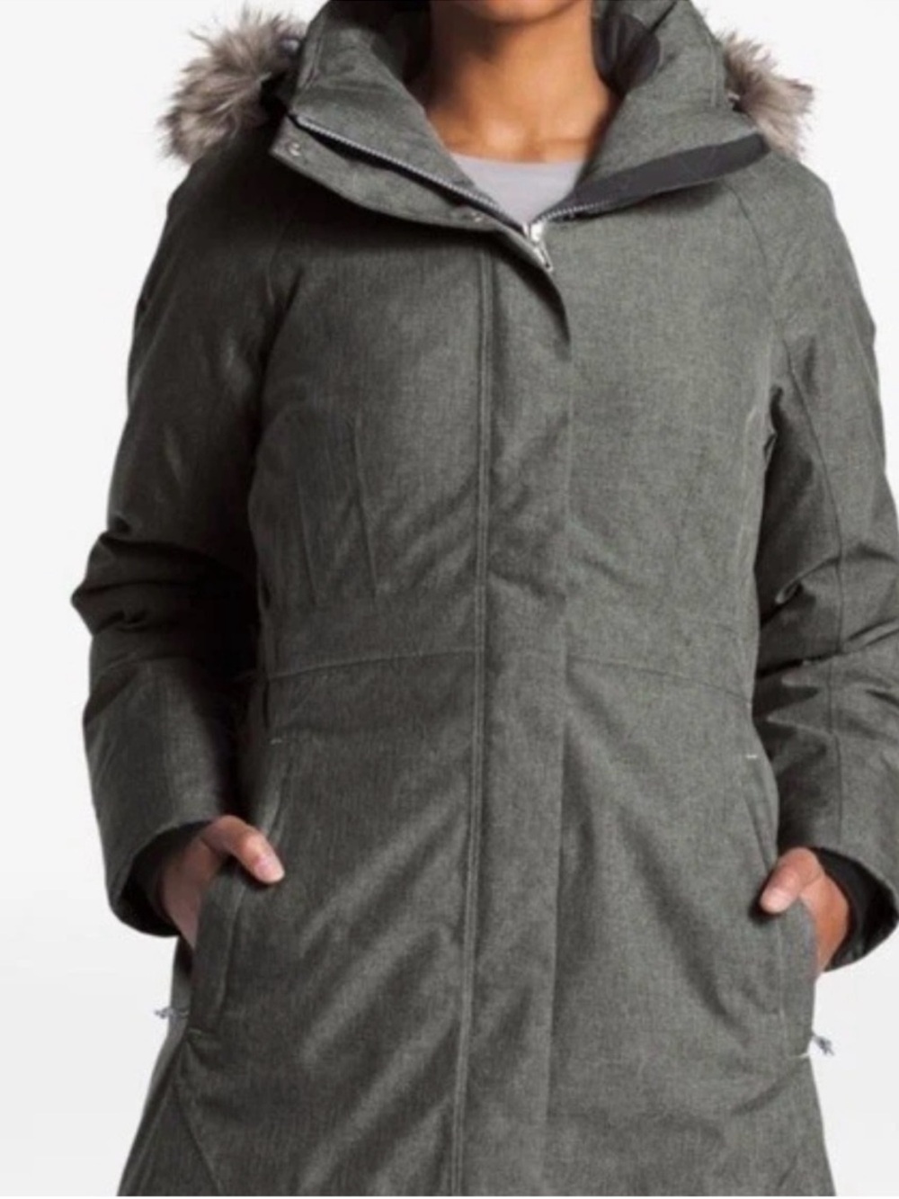 North Face Womens Arctic Down Parka Large Gray Hooded Coat Outdoors Camp Hike